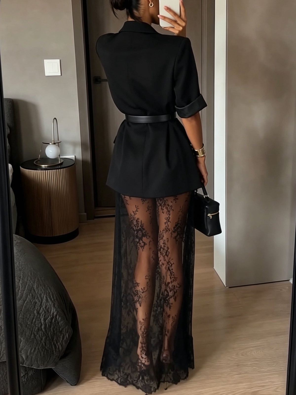 Black Short Sleeve Blazer & Sheer Floral Lace Slip Maxi Dress Two-piece Set(with belt)