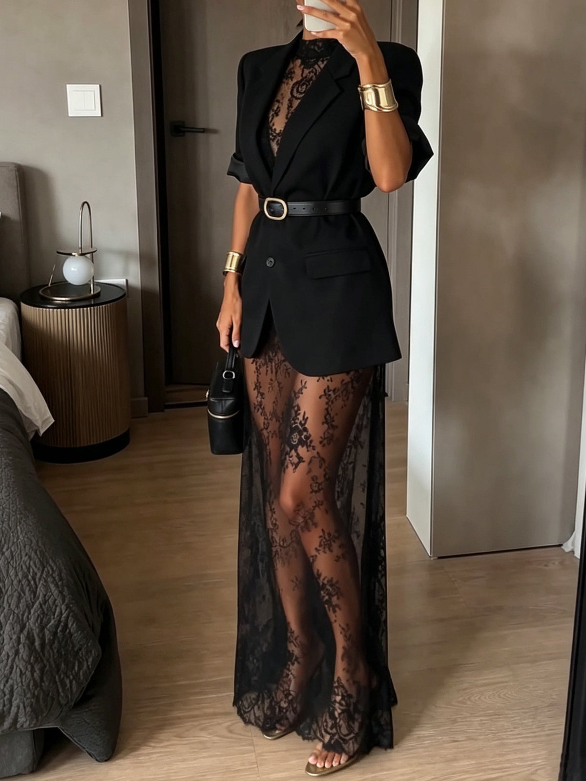 Black Short Sleeve Blazer & Sheer Floral Lace Slip Maxi Dress Two-piece Set(with belt)