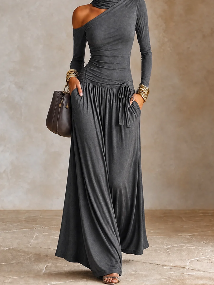 Dark Grey Asymmetric Off‑Shoulder Long Sleeve Vacation Maxi Dress