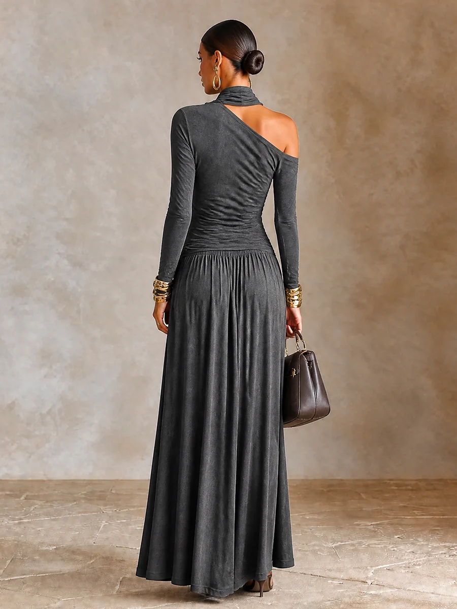 Dark Grey Asymmetric Off‑Shoulder Long Sleeve Vacation Maxi Dress