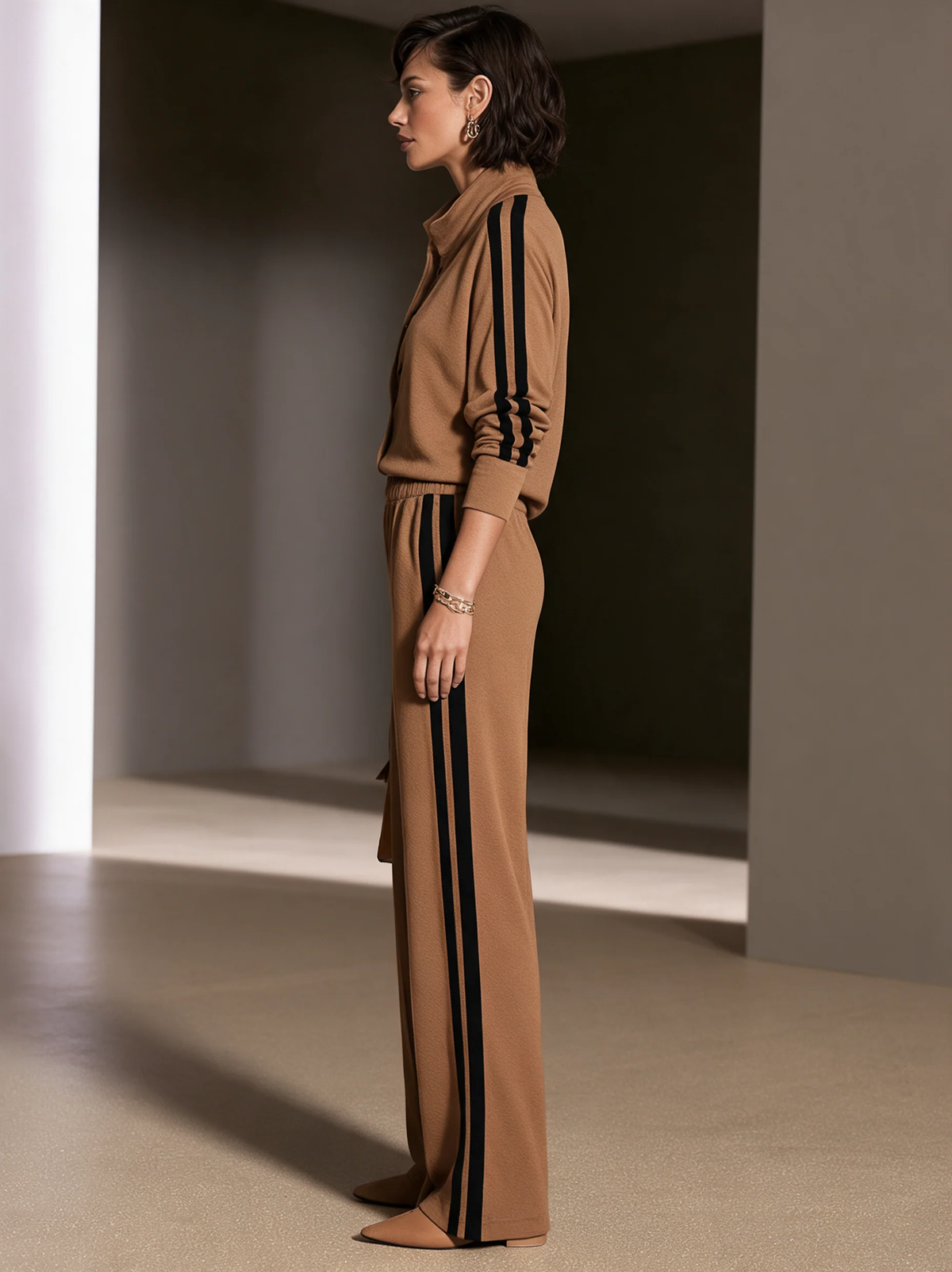 Camel Color-blocked Single-breasted Top And Wide-leg Pants Suit