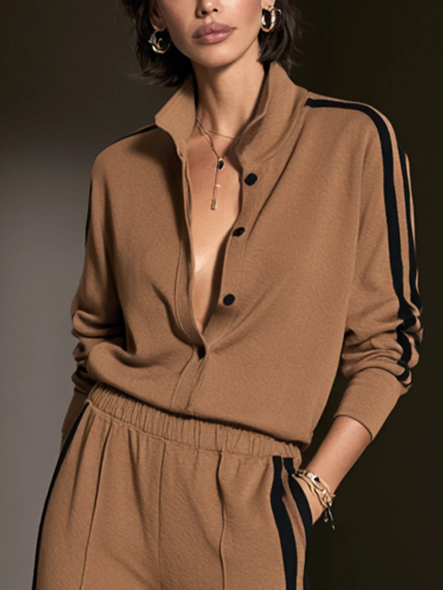 Camel Color-blocked Single-breasted Top And Wide-leg Pants Suit