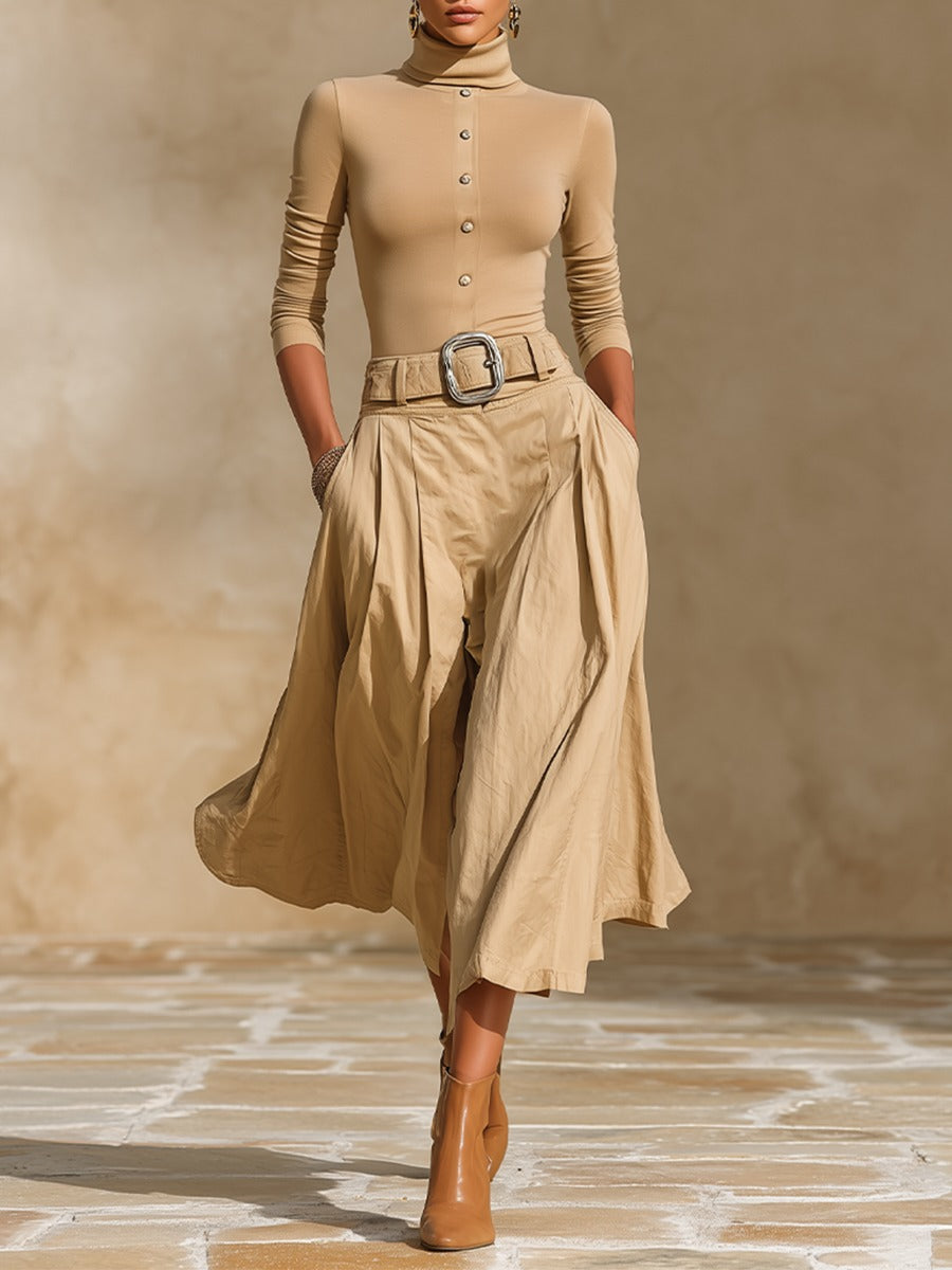Khaki Turtleneck Button Top & High‑Waist Pleated Skirt Two‑Piece Set(with belt)