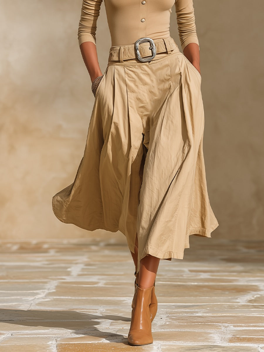 Khaki Turtleneck Button Top & High‑Waist Pleated Skirt Two‑Piece Set(with belt)