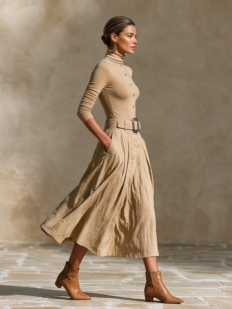 Khaki Turtleneck Button Top & High‑Waist Pleated Skirt Two‑Piece Set(with belt)