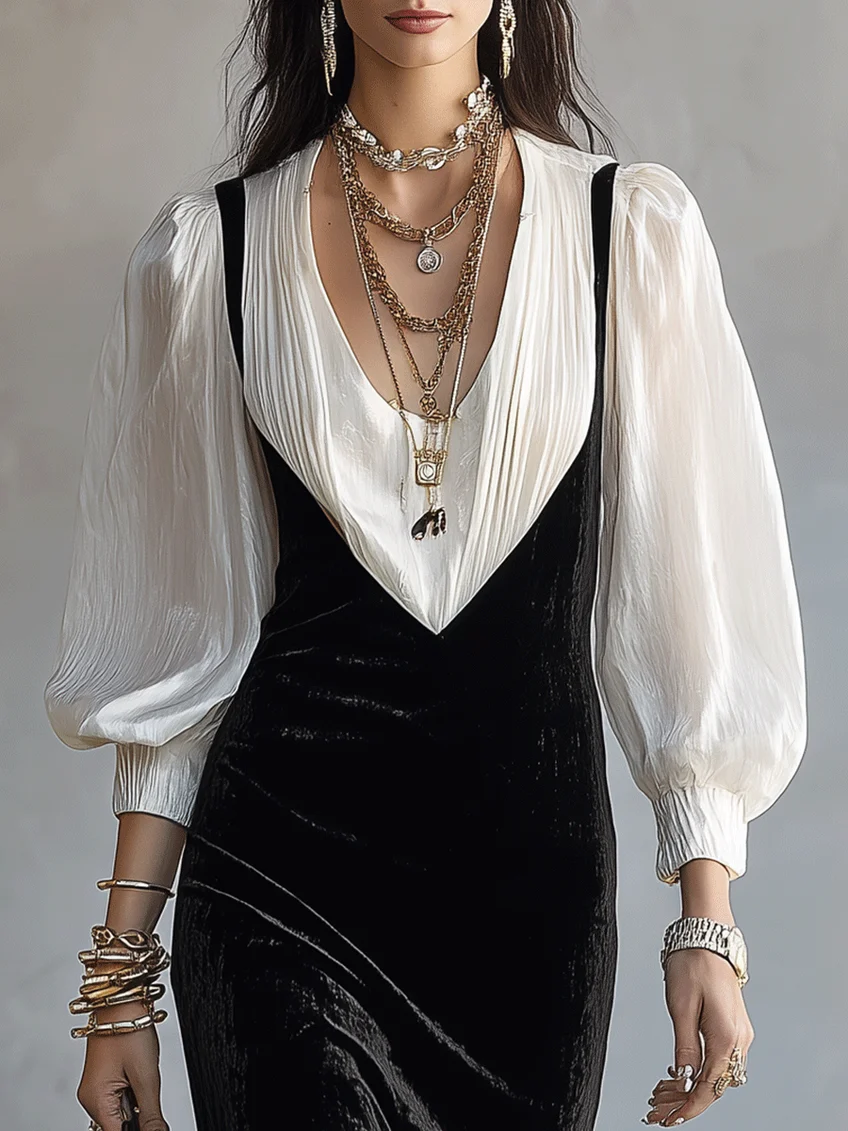 Black Velvet Slip Midi Dress & White Puff Sleeve Shirt Two-piece Set