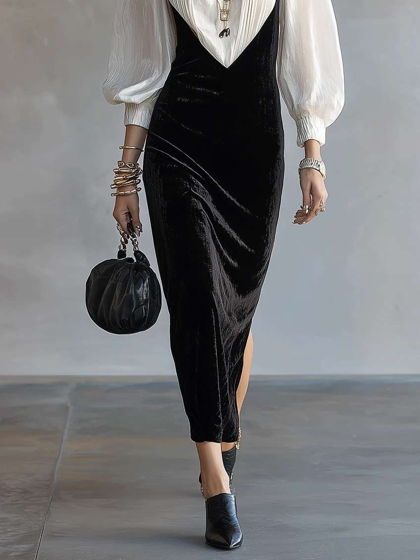 Black Velvet Slip Midi Dress & White Puff Sleeve Shirt Two-piece Set