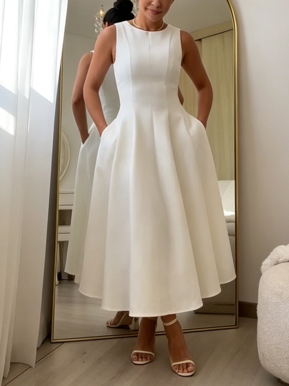 White Sleeveless Fit-and-Flare A-Line Midi Dress With Pockets