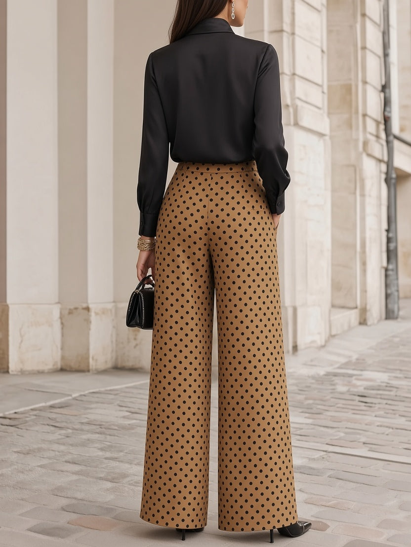 Black Bow Satin Blouse & Camel Polka Dot Wide-Leg Trouser Two-Piece Set