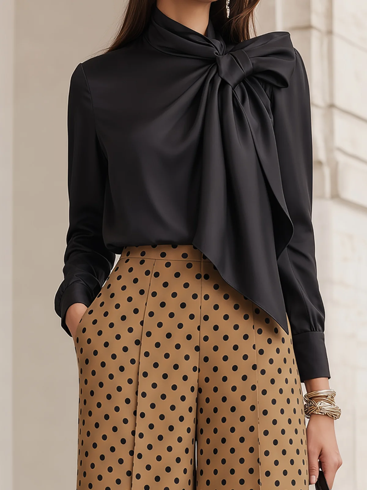 Black Bow Satin Blouse & Camel Polka Dot Wide-Leg Trouser Two-Piece Set