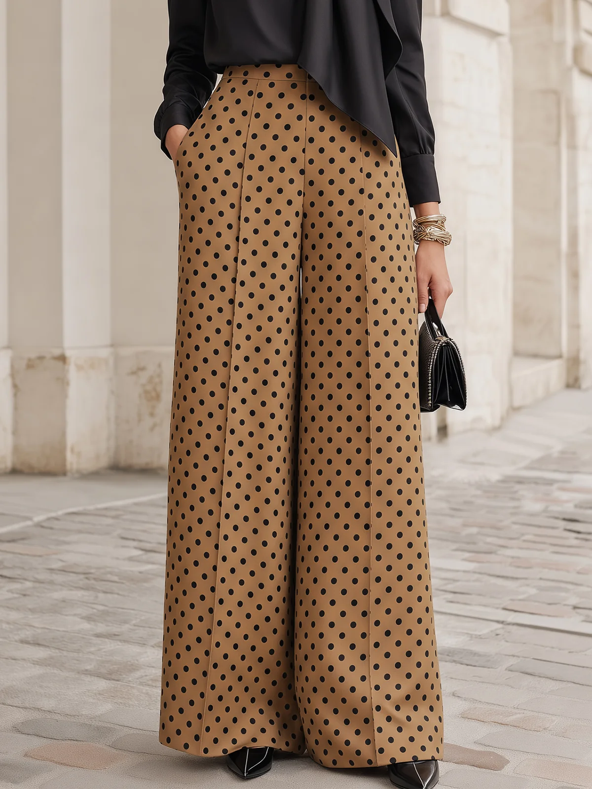 Black Bow Satin Blouse & Camel Polka Dot Wide-Leg Trouser Two-Piece Set