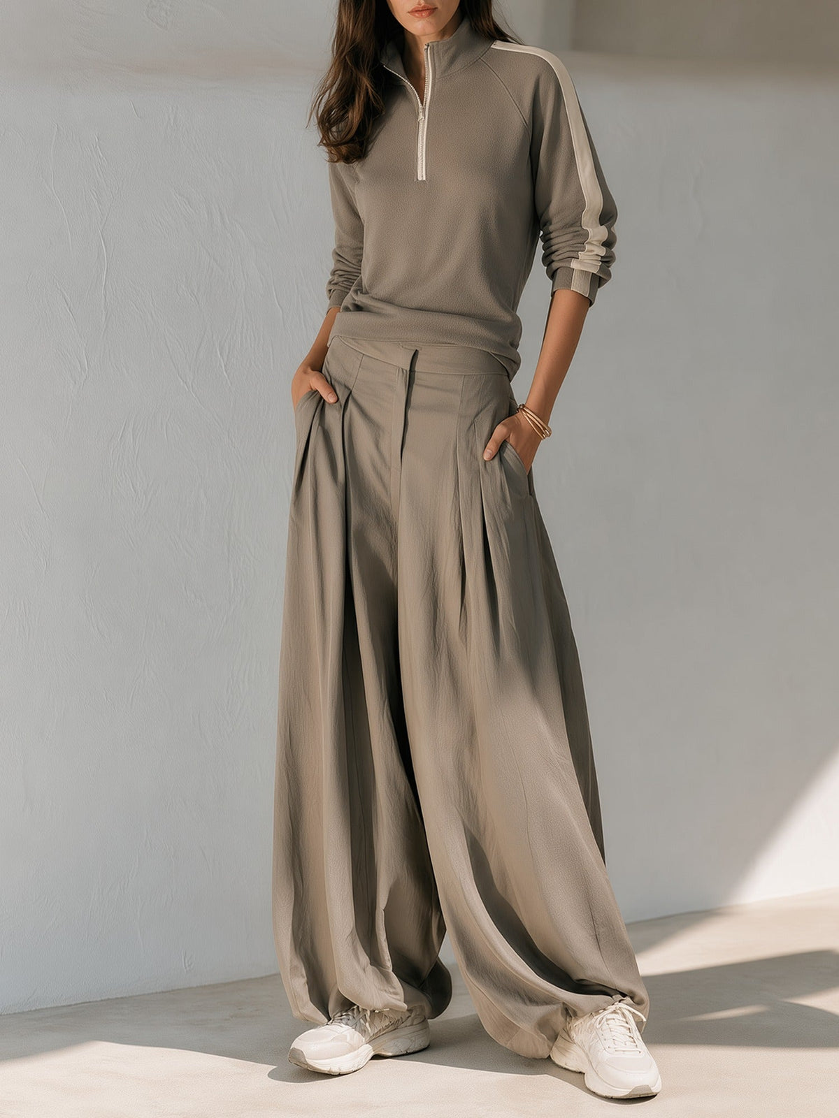 Khaki Half Zip Color-blocked Sweatshirt & Pleated Wide Leg Pants Two-piece Set