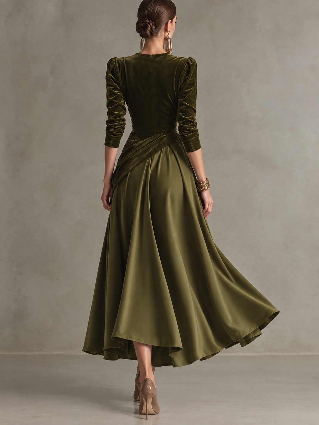 Olive Green Velvet Wrap Top& Satin Pleated Midi Skirt Two-Piece Set