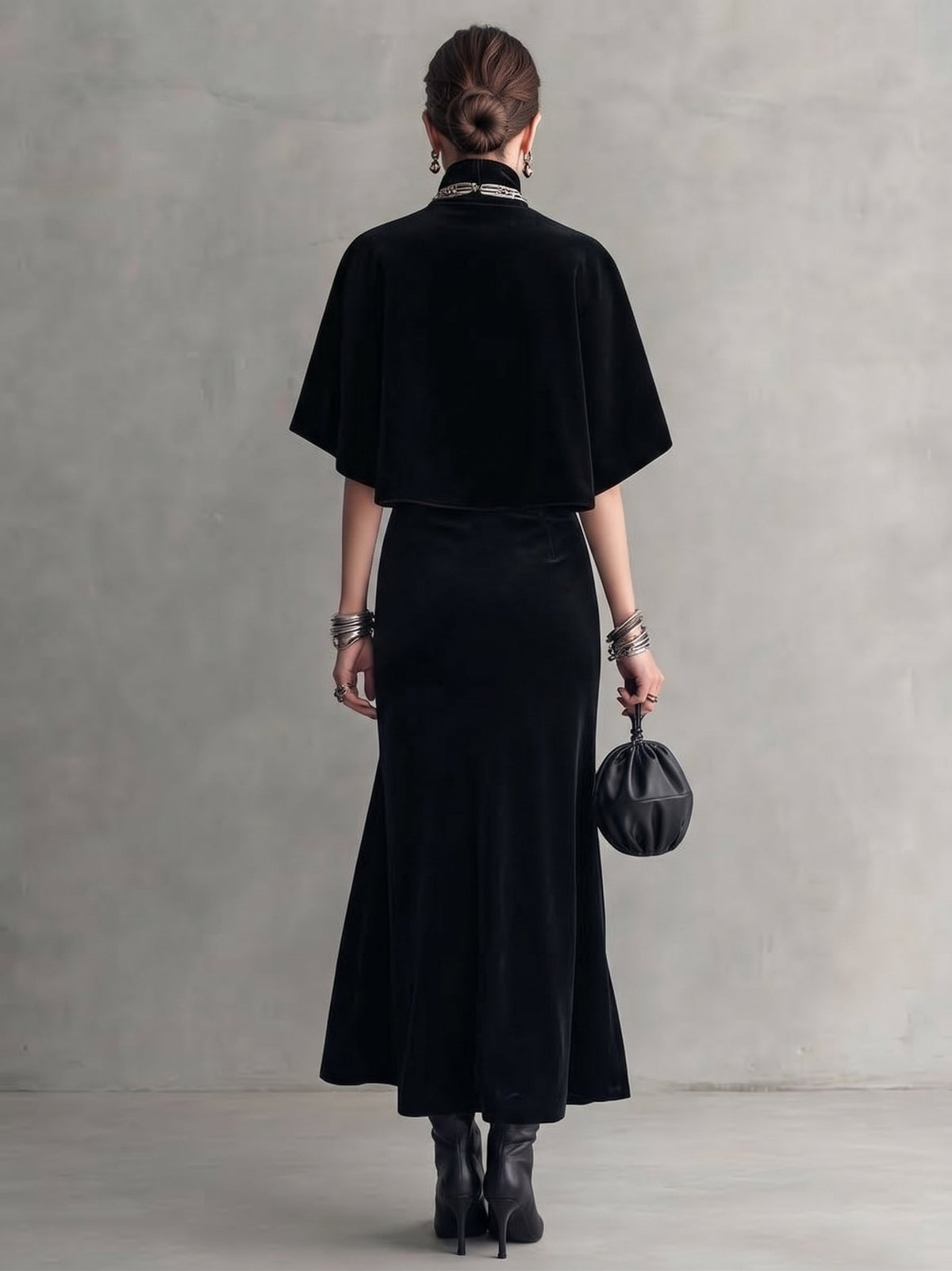 Black Velvet Long-sleeved Turtleneck Midi Dress With Detachable Shawl Two-piece Set