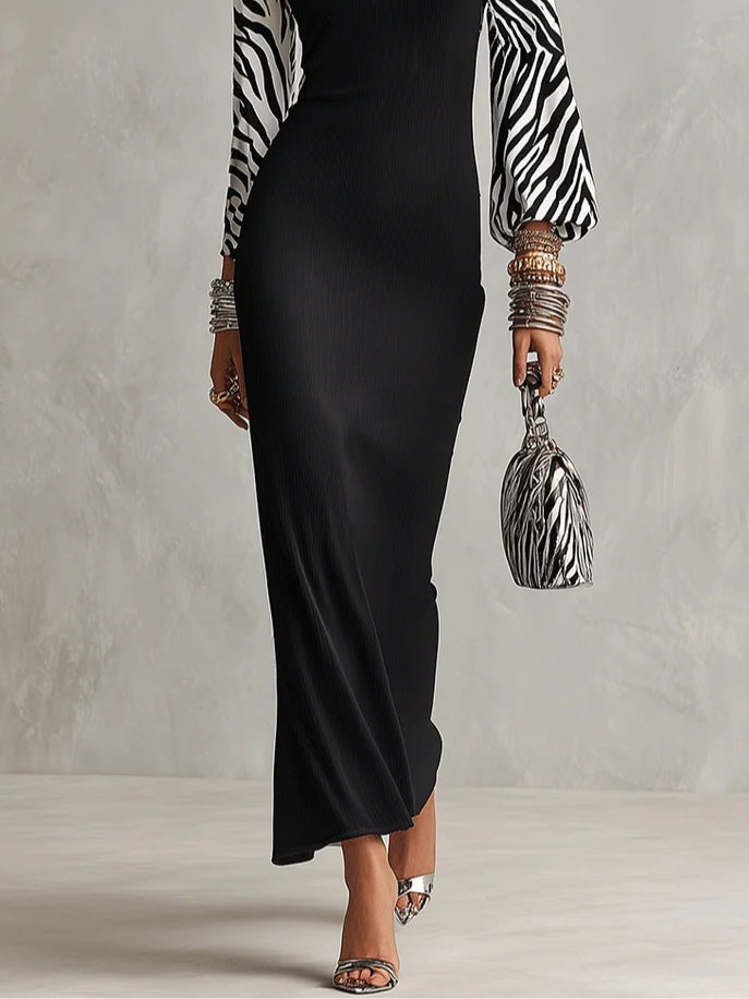 Black Zebra Print Mock Neck Raglan Sleeve Ribbed Bodycon Maxi Dress