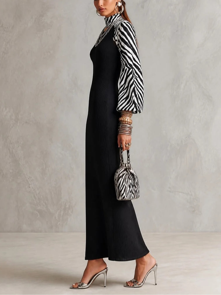 Black Zebra Print Mock Neck Raglan Sleeve Ribbed Bodycon Maxi Dress
