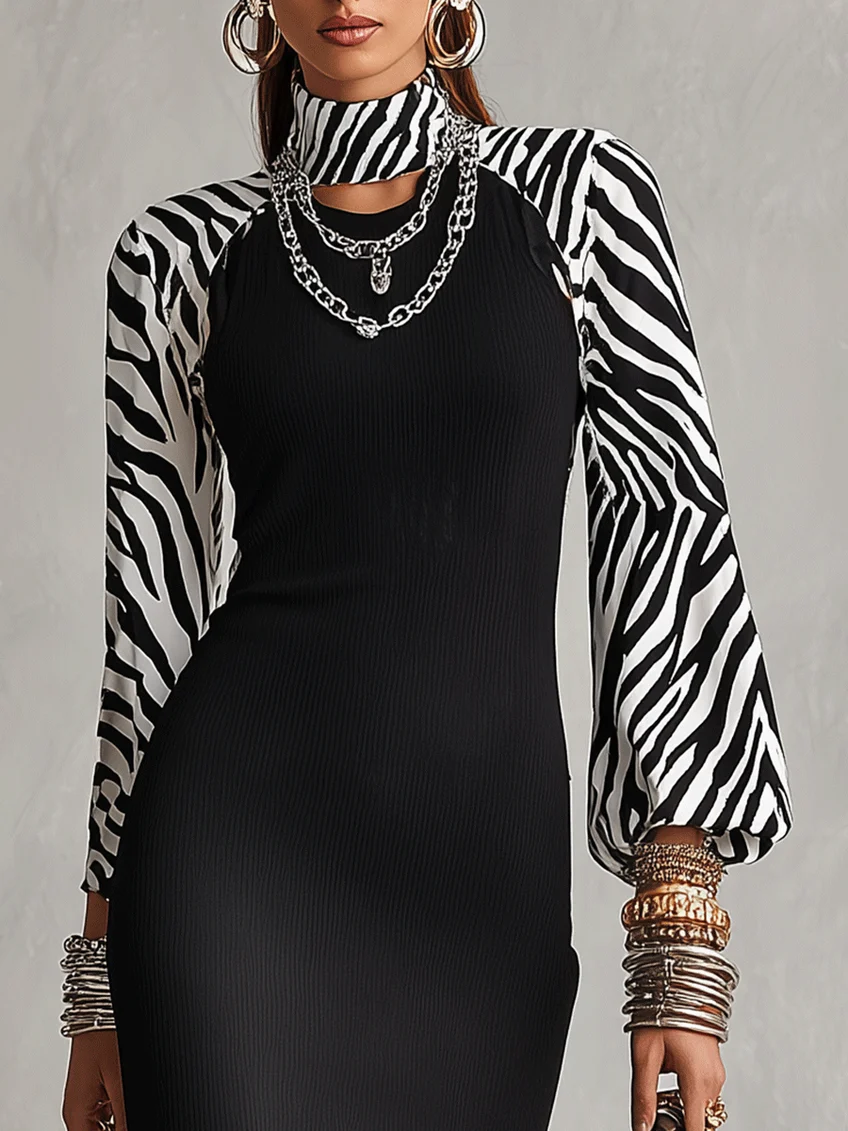 Black Zebra Print Mock Neck Raglan Sleeve Ribbed Bodycon Maxi Dress