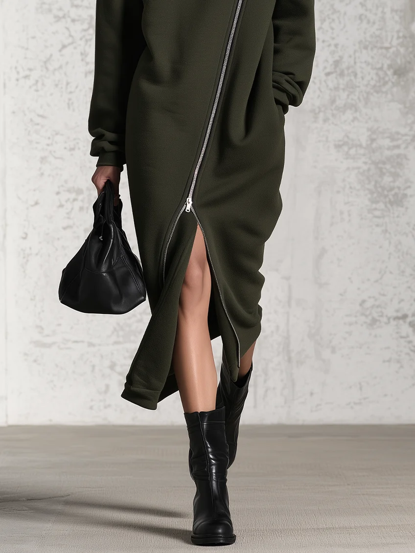 Army Green Half Zip Stand Collar Asymmetrical Diagonal Zipper Casual Midi Dress
