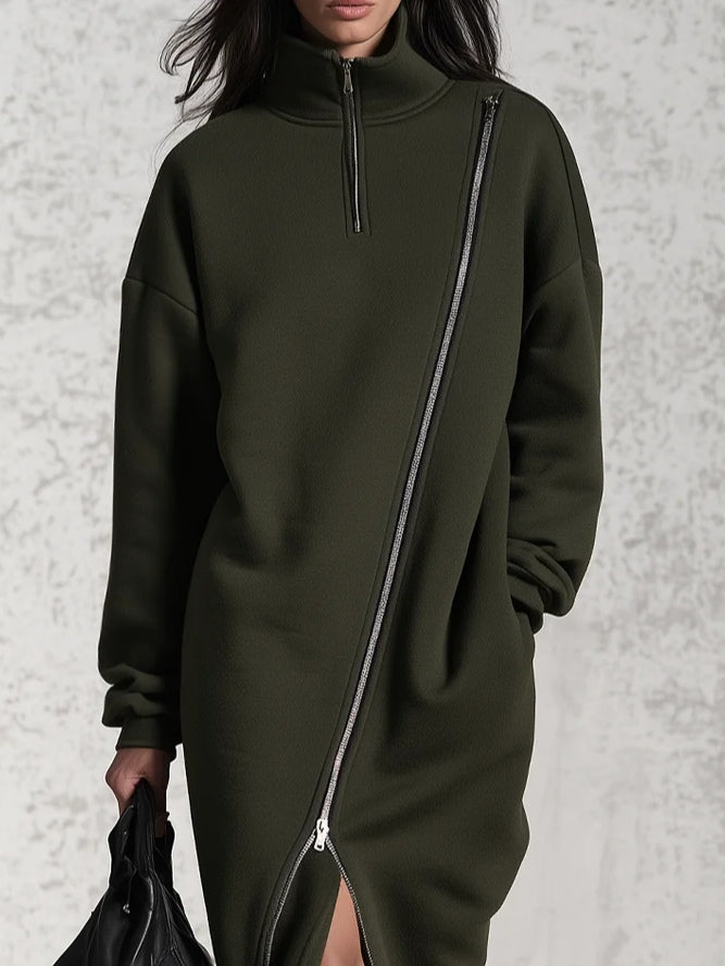 Army Green Half Zip Stand Collar Asymmetrical Diagonal Zipper Casual Midi Dress