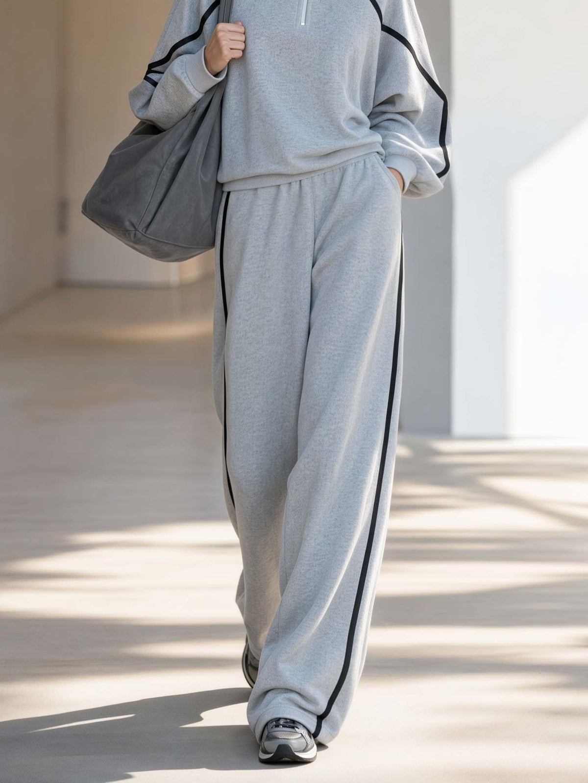 Grey Half-zip Trim Sweatshirt And Wide-leg Pants Two-piece Casual Set