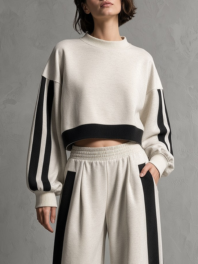 Beige Black Color-blocked Sweatshirt And Wide-leg Pants Loose-fitting Set