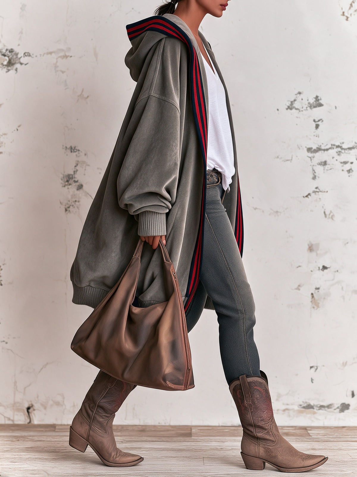Grey Loose-fitting Hooded Cardigan With Striking Red And Blue Striped Trim