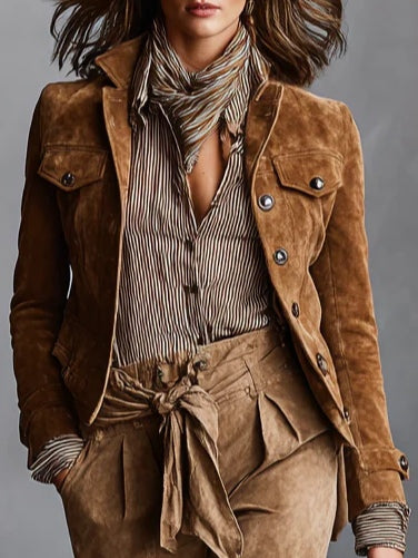Brown Faux Suede Single-Breasted Lapel Cropped Jacket