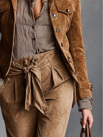 Brown Faux Suede Single-Breasted Lapel Cropped Jacket