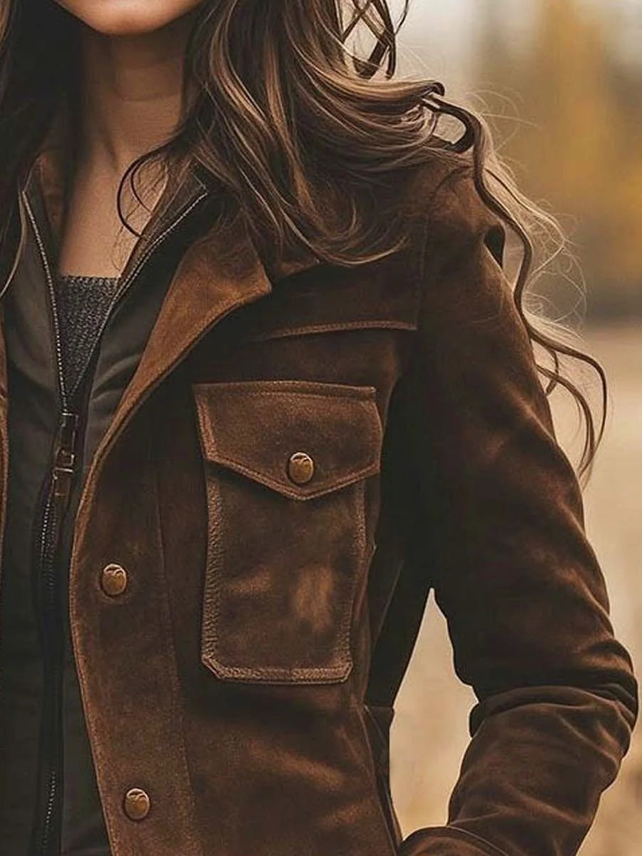 Vintage Faux Suede Lapel Collar Mid-Length Coat