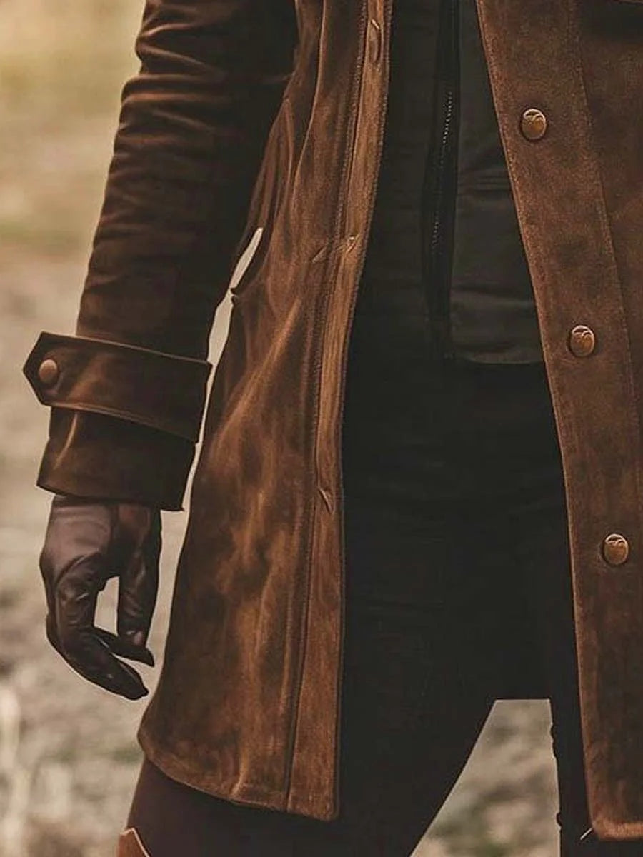 Vintage Faux Suede Lapel Collar Mid-Length Coat