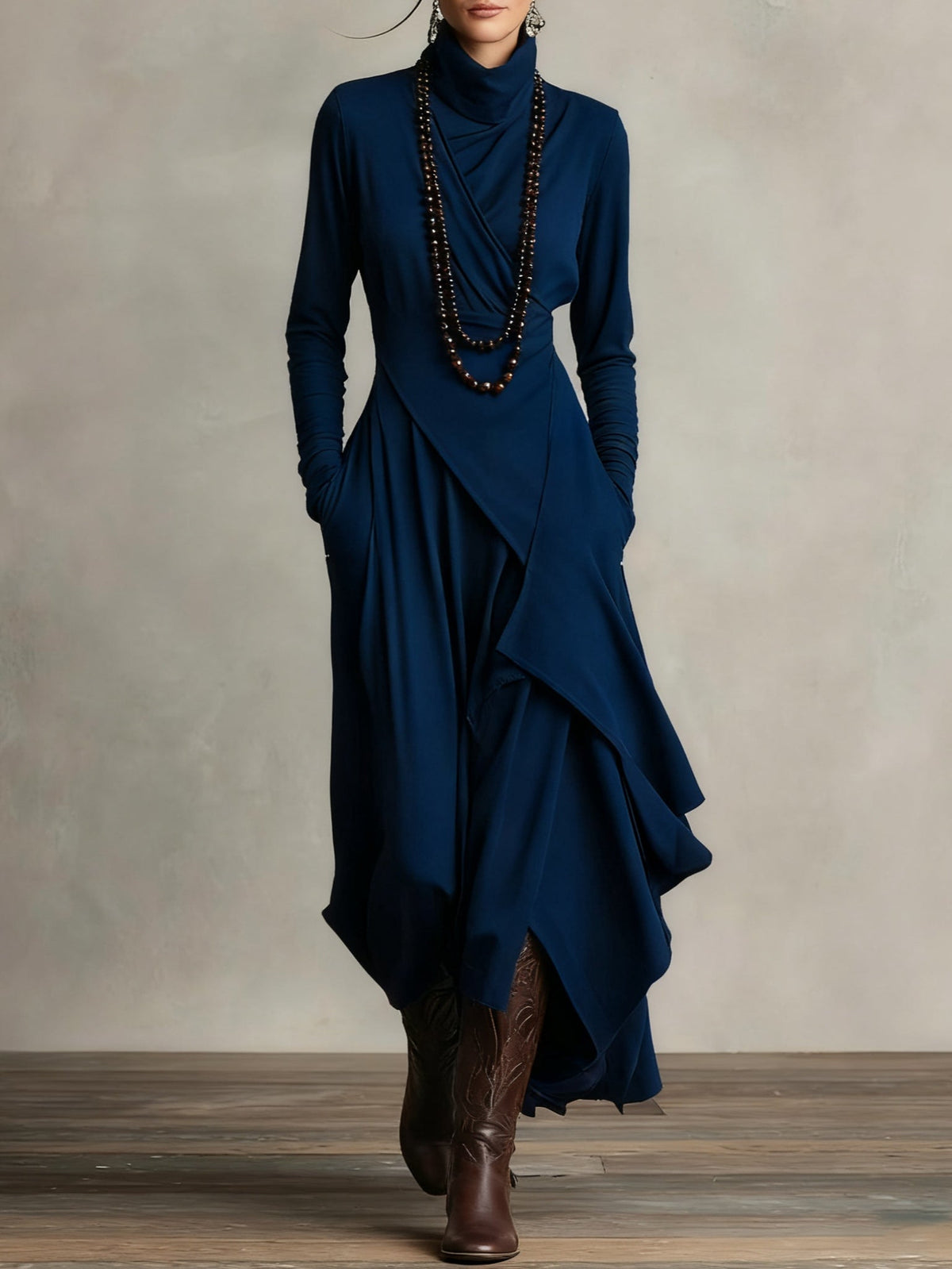 Purple High-Neck Asymmetrical Pleated Maxi Dress (necklace not included)