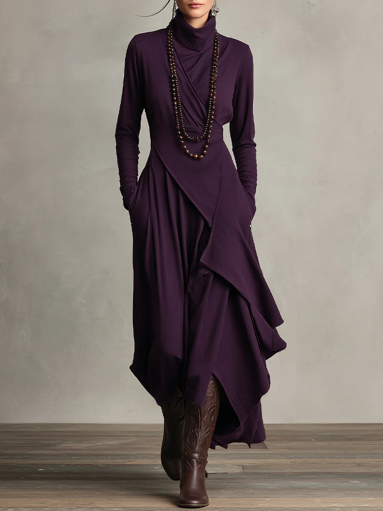 Purple High-Neck Asymmetrical Pleated Maxi Dress (necklace not included)
