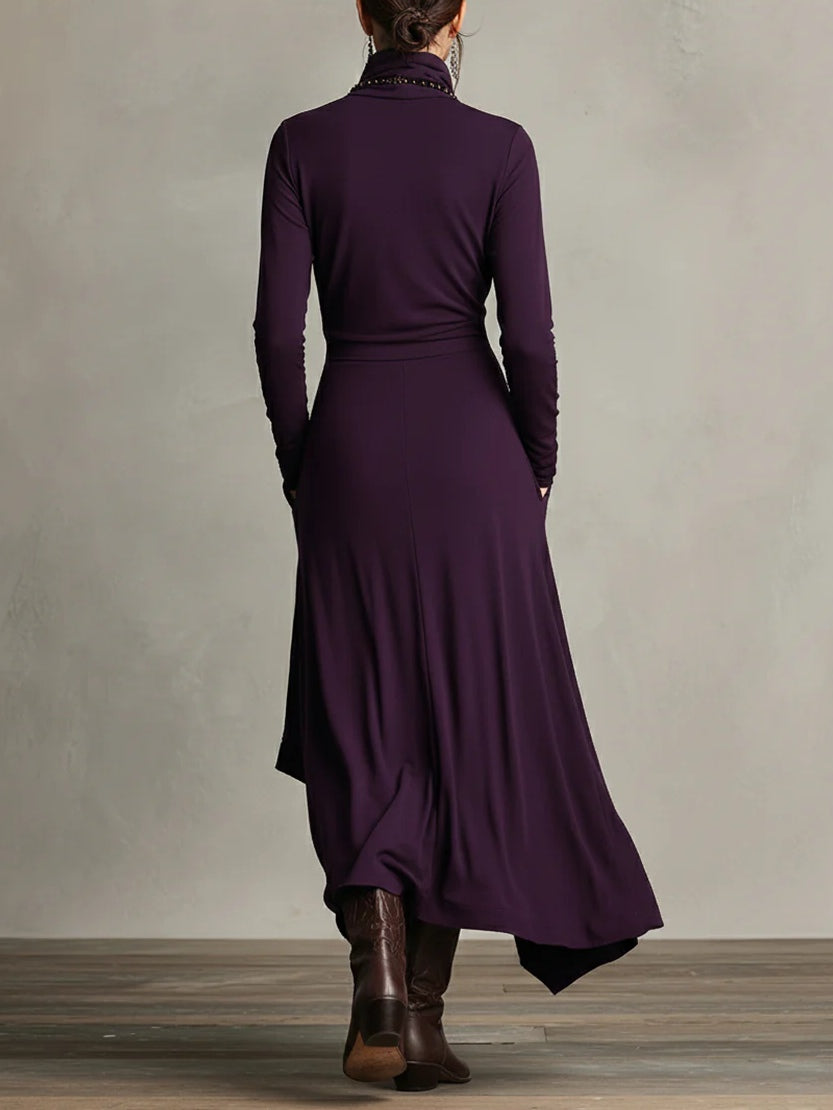 Purple High-Neck Asymmetrical Pleated Maxi Dress (necklace not included)