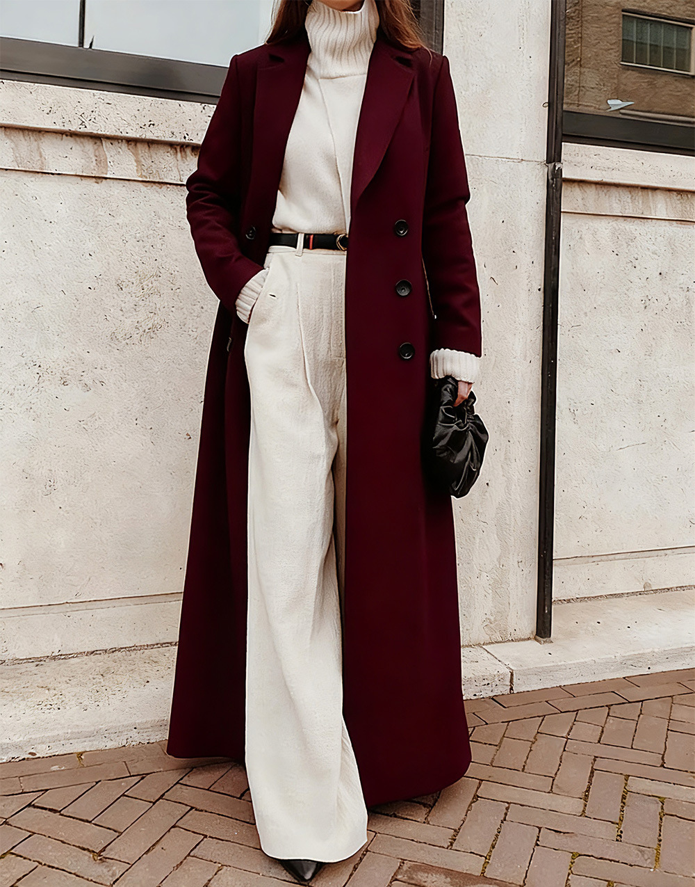 Wool-Blend Look Solid Long Sleeve Maxi Coat