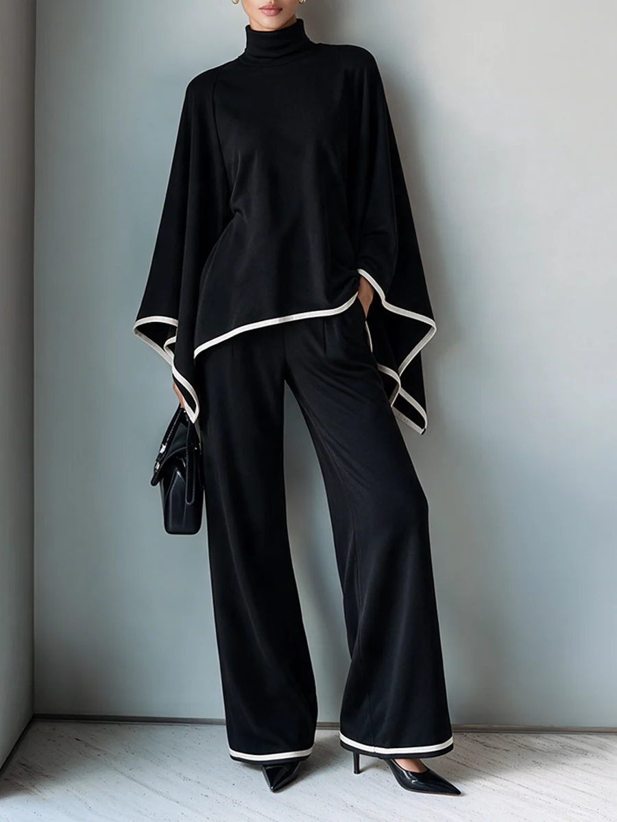 Elegant Black High Neck Batwing Sleeve Top and Wide Leg Pants Two-Piece Set