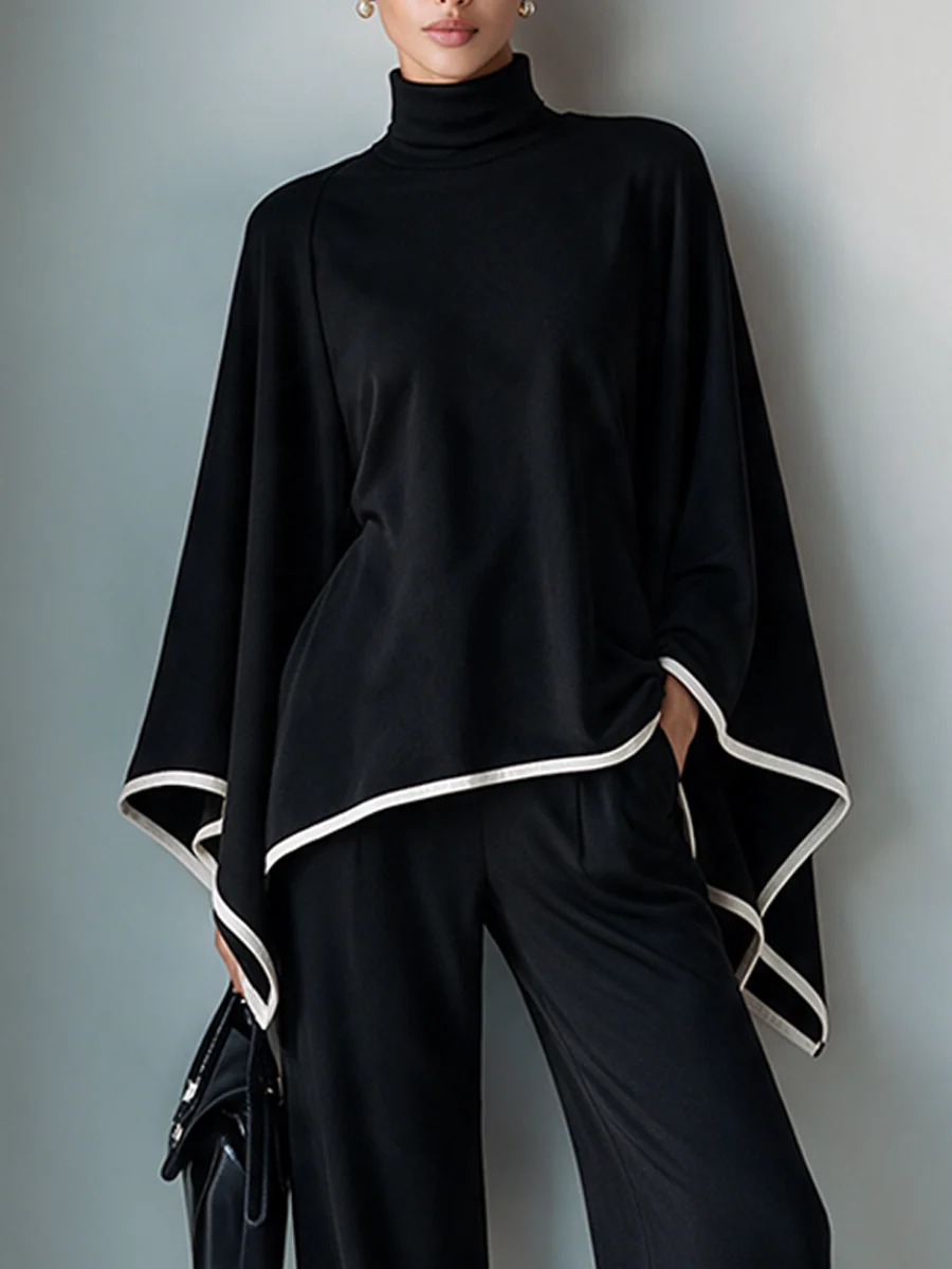 Elegant Black High Neck Batwing Sleeve Top and Wide Leg Pants Two-Piece Set