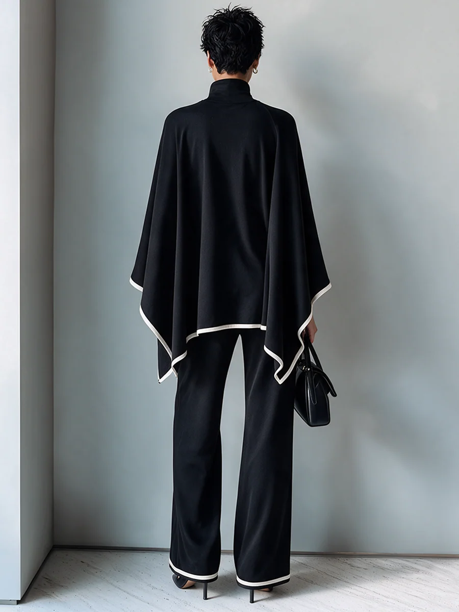 Elegant Black High Neck Batwing Sleeve Top and Wide Leg Pants Two-Piece Set