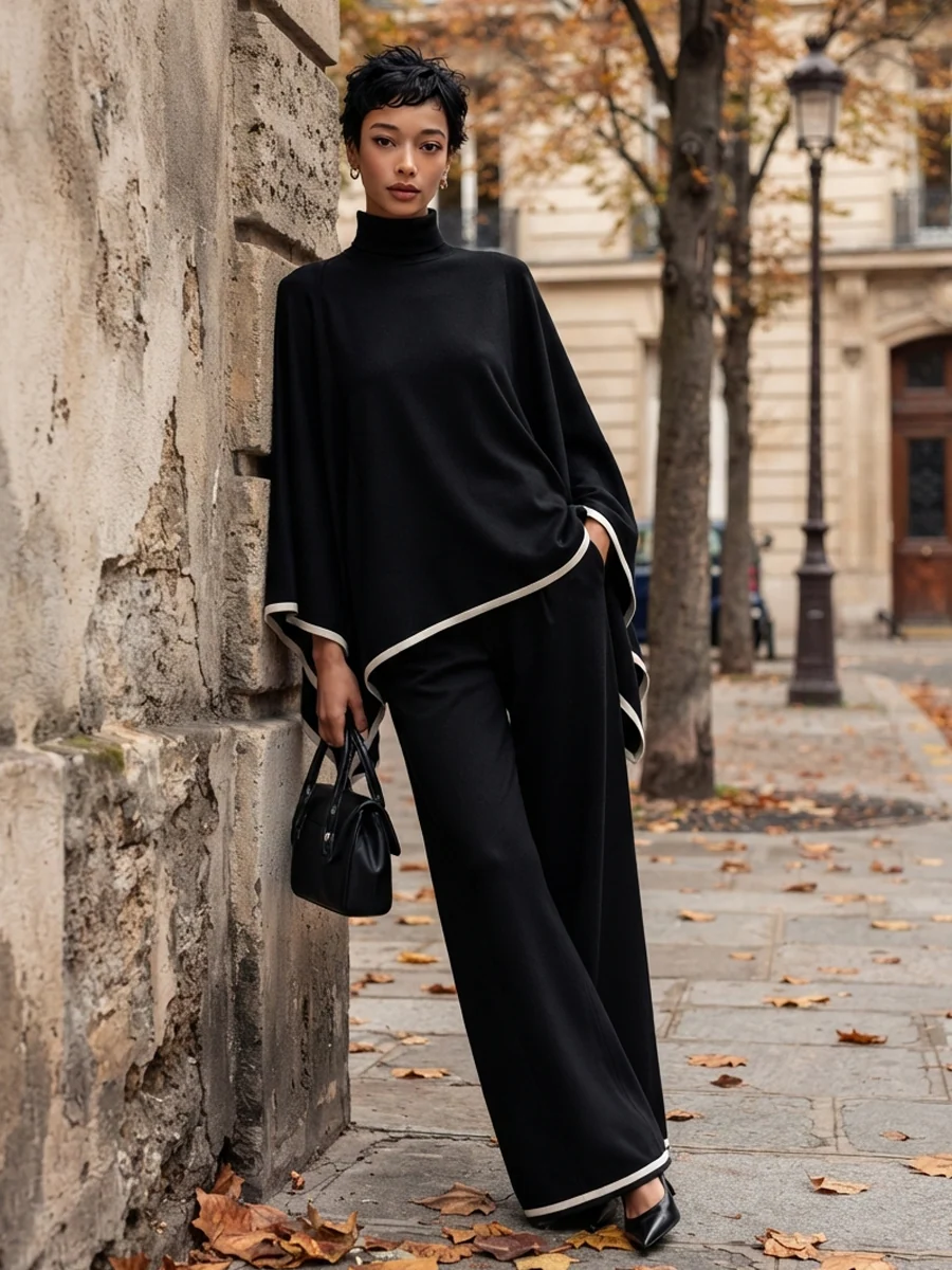 Elegant Black High Neck Batwing Sleeve Top and Wide Leg Pants Two-Piece Set