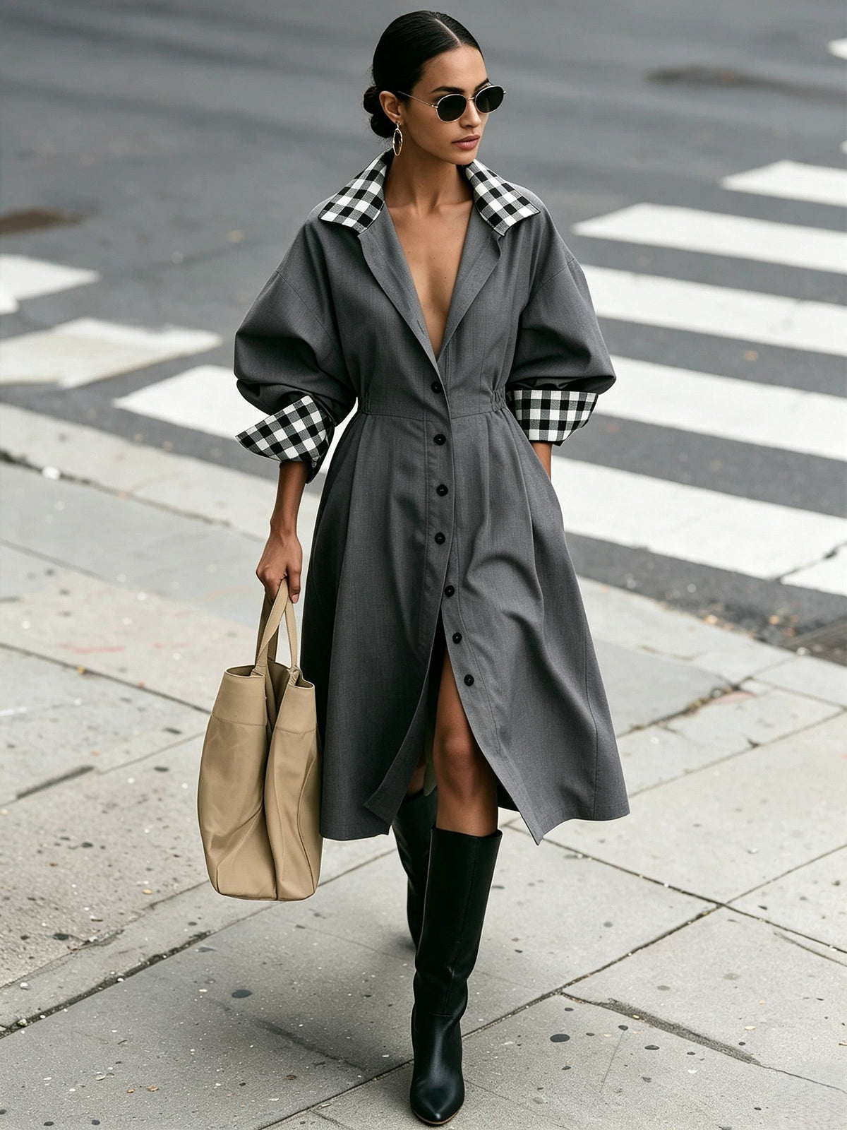 Chic Gray Long Sleeve Button Front Coat with Plaid Collar and Cuffs