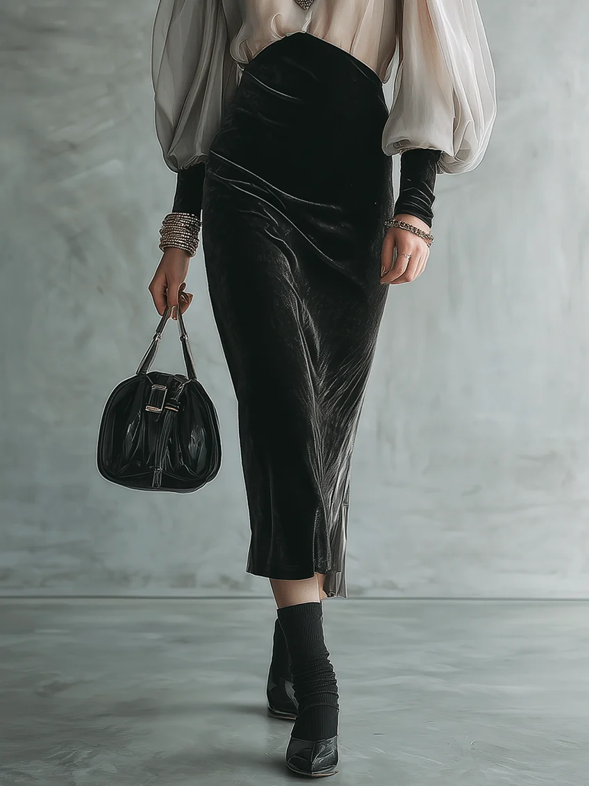 Elegant Printed Sheer Sleeve High Neck Velvet Midi Dress with Ruched Waist