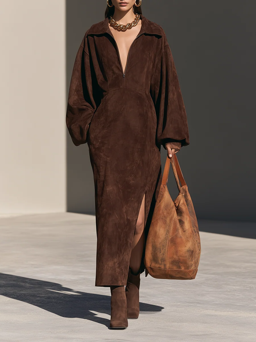 Elegant Brown Faux Suede Half-Zip Long Sleeve Maxi Dress with Side Slit