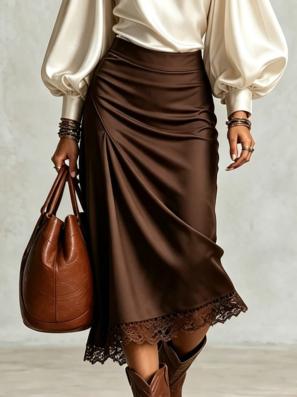 Elegant White Puff Sleeve Blouse and Brown Lace Hem Midi Skirt Two-Piece Set