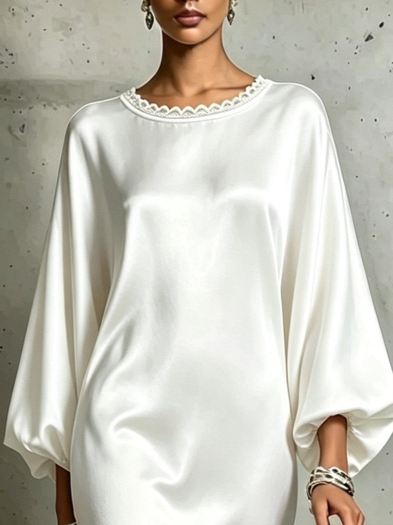 White Sequin Fringe Hem Batwing Sleeve Midi Dress