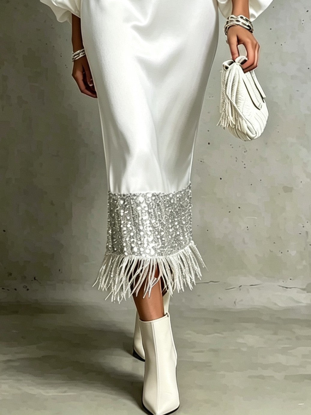 White Sequin Fringe Hem Batwing Sleeve Midi Dress
