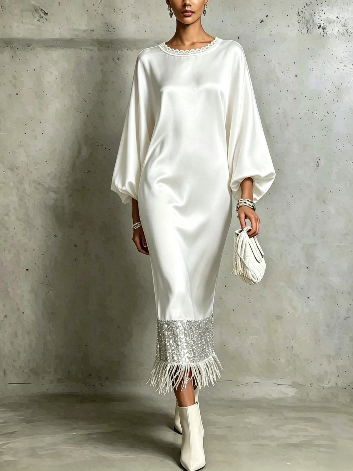 White Sequin Fringe Hem Batwing Sleeve Midi Dress