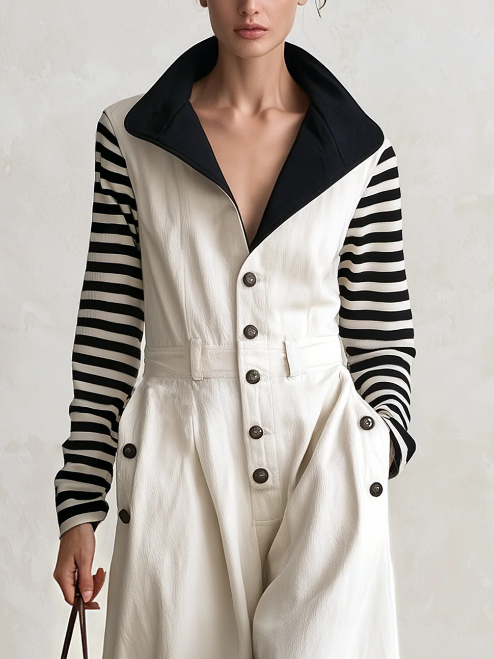 Patchwork Jumpsuit With Striped Sleeves