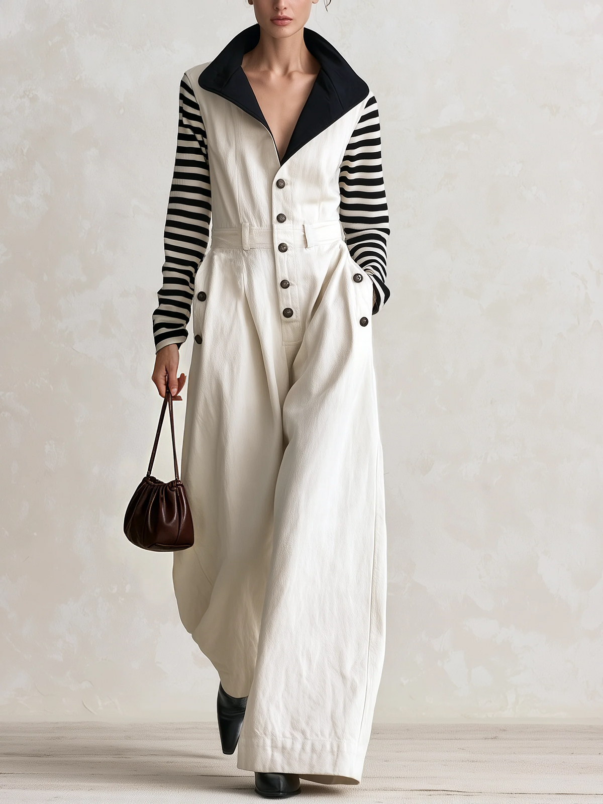 Patchwork Jumpsuit With Striped Sleeves