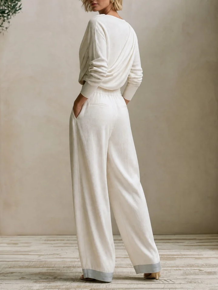 White Draped Long Sleeve Top and Wide Leg Pants Two Piece Set