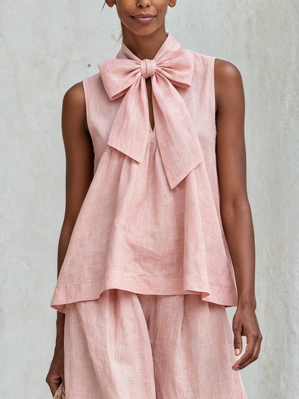 Blush Pink Bow Neck Sleeveless Top and Wide Leg Pants Set