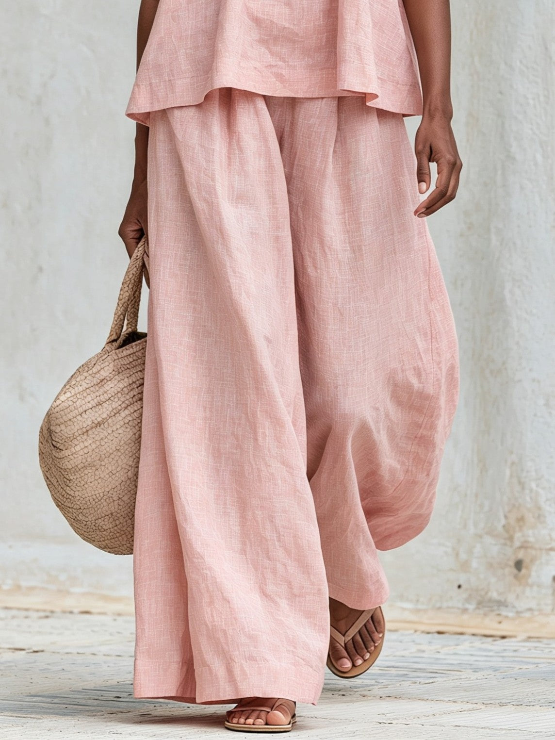 Blush Pink Bow Neck Sleeveless Top and Wide Leg Pants Set